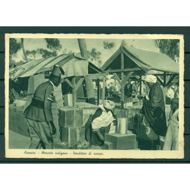 Eritrea 1936 - Cartolina postale Asmara - Mercato indigeno - venditore di scarpe