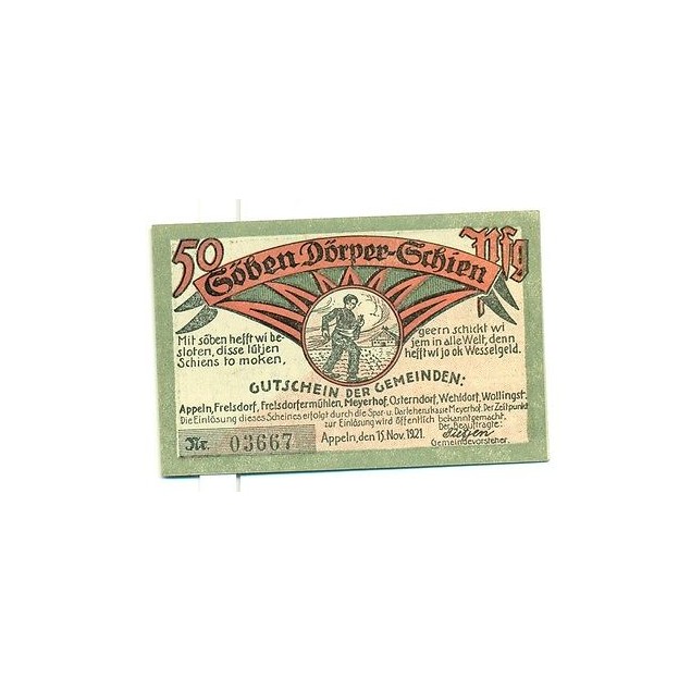 OLD GERMANY EMERGENCY PAPER MONEY - NOTGELD Appeln 1921 50 Pf