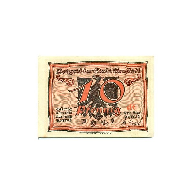 OLD GERMANY EMERGENCY PAPER MONEY - NOTGELD Arnstadt 1921 10 Pf  "dt"