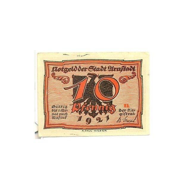 OLD GERMANY EMERGENCY PAPER MONEY - NOTGELD Arnstadt 1921 10 Pf  "n"