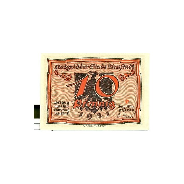 OLD GERMANY EMERGENCY PAPER MONEY - NOTGELD Arnstadt 1921 10 Pf  "r"