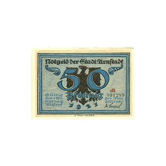 OLD GERMANY EMERGENCY PAPER MONEY - NOTGELD Arnstadt 1921 50 Pf  "dt"
