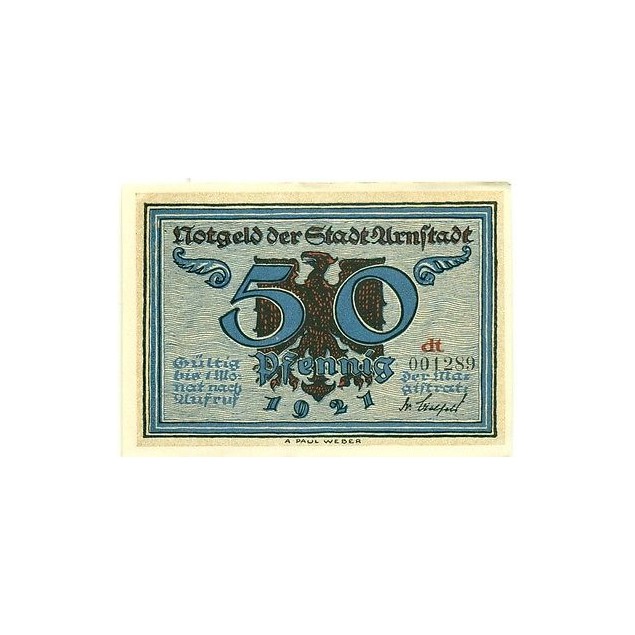 OLD GERMANY EMERGENCY PAPER MONEY - NOTGELD Arnstadt 1921 50 Pf  "dt"