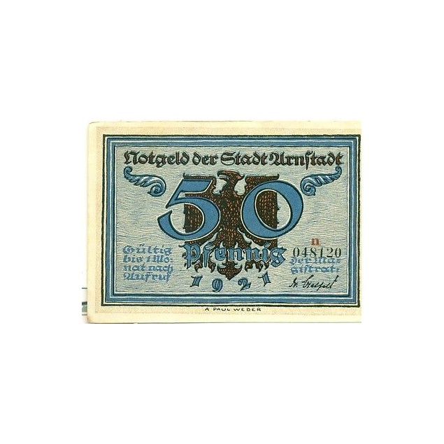 OLD GERMANY EMERGENCY PAPER MONEY - NOTGELD Arnstadt 1921 50 Pf  "n"