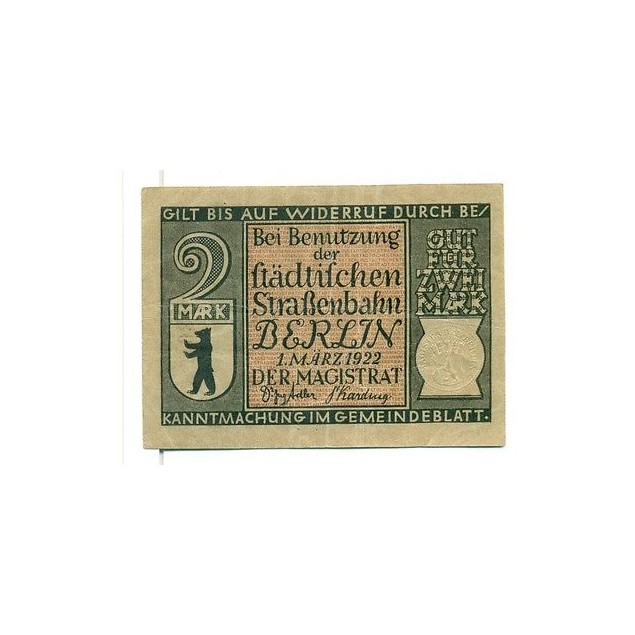 OLD GERMANY EMERGENCY PAPER MONEY - NOTGELD Berlin 1922 2 Mk 8.1899