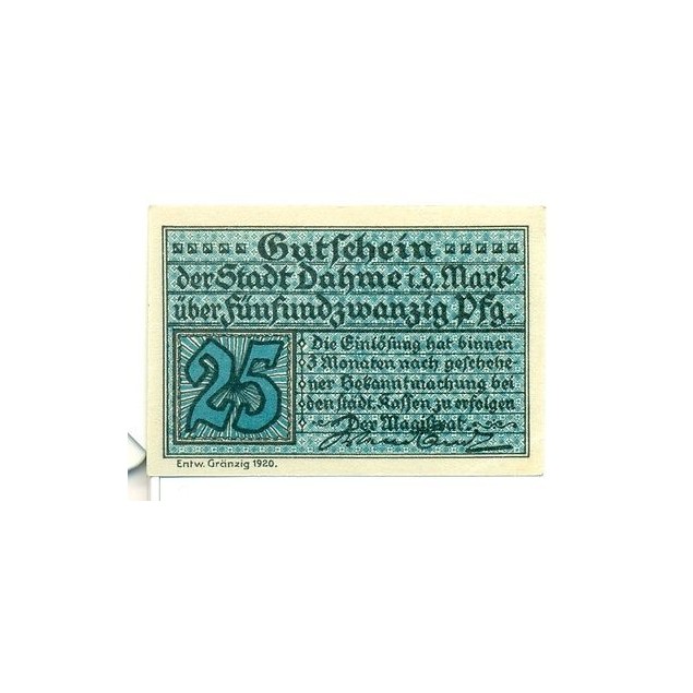 OLD GERMANY EMERGENCY PAPER MONEY - NOTGELD Dahme 1920 25 Pf