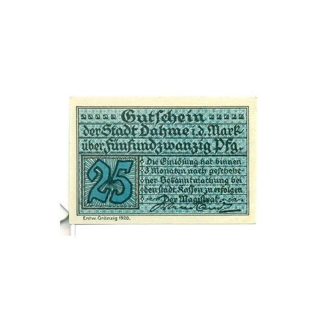OLD GERMANY EMERGENCY PAPER MONEY - NOTGELD Dahme 1920 25 Pf