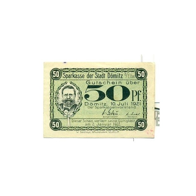 OLD GERMANY EMERGENCY PAPER MONEY - NOTGELD Domitz 1921 50 Pf