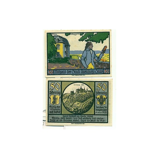 OLD GERMANY EMERGENCY PAPER MONEY - NOTGELD Dornburg 1921 50 Pf  2 Goethe  1792