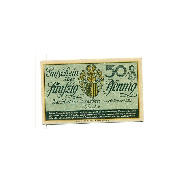 OLD GERMANY EMERGENCY PAPER MONEY - NOTGELD Dresden 1921 50 Pf Rehine R