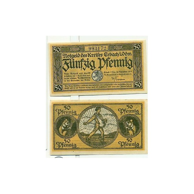 OLD GERMANY EMERGENCY PAPER MONEY - NOTGELD Erbach in Odelnwald 1918 50 Pf