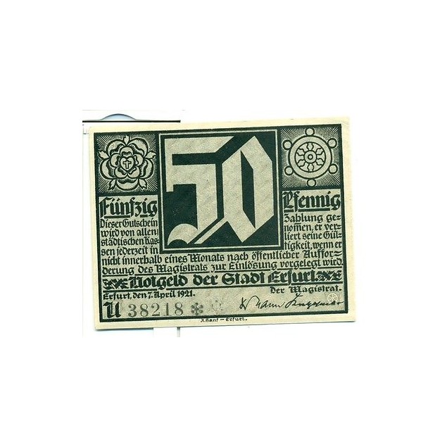 OLD GERMANY EMERGENCY PAPER MONEY - NOTGELD Erfurt 1921 Lutherjubilaum 50Pf U