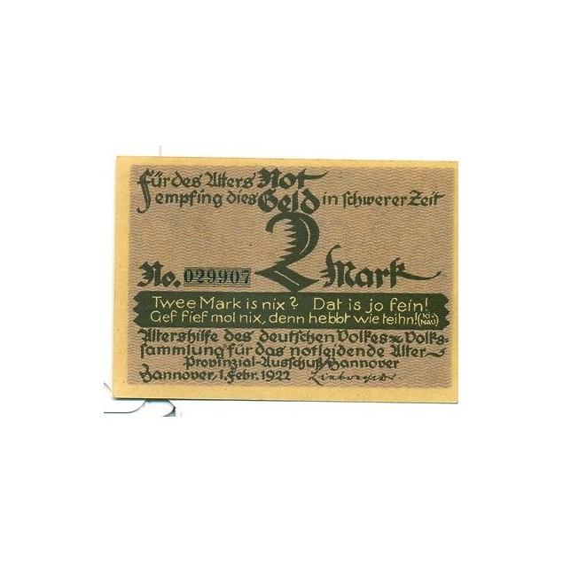 OLD GERMANY EMERGENCY PAPER MONEY - NOTGELD Hannover 1922 2 Mk