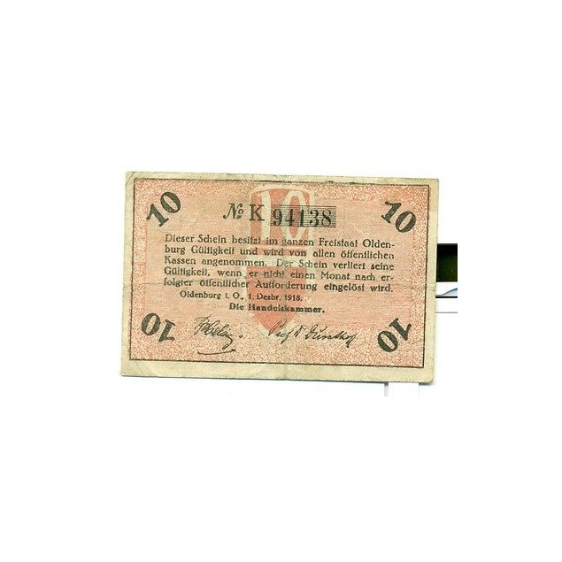 OLD GERMANY EMERGENCY PAPER MONEY - NOTGELD Oldenburg 1918 10 Pf