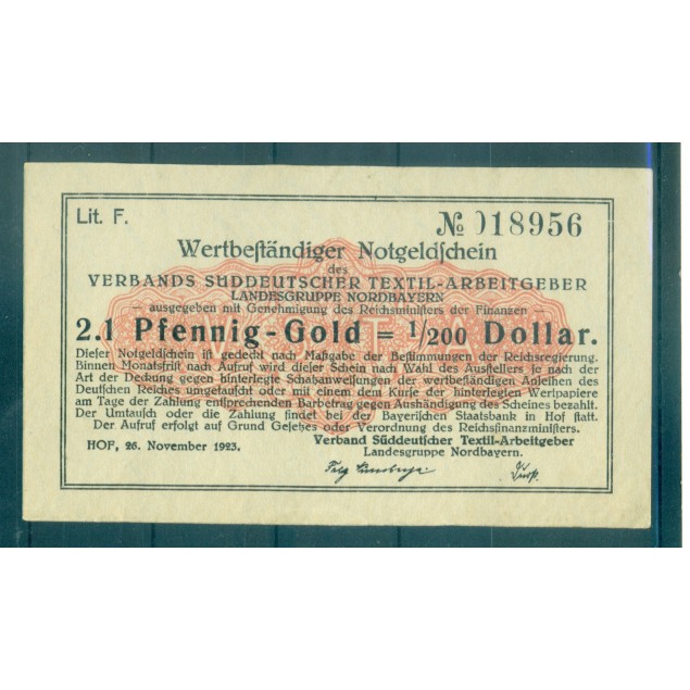 OLD GERMANY EMERGENCY PAPER MONEY - NOTGELD 2.1 Pfennig-Gold 1/200 Dollar