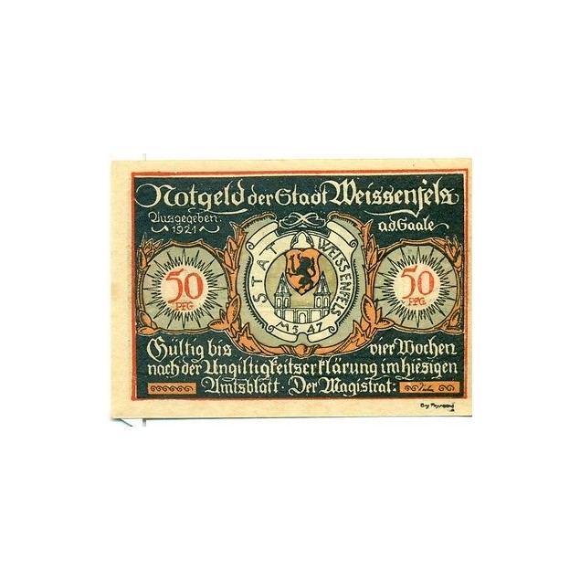 OLD GERMANY EMERGENCY PAPER MONEY - NOTGELD Weissenfels 1921 50 Pf 3