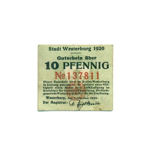 OLD GERMANY EMERGENCY PAPER MONEY - NOTGELD Westerburg 1920 10 Pf