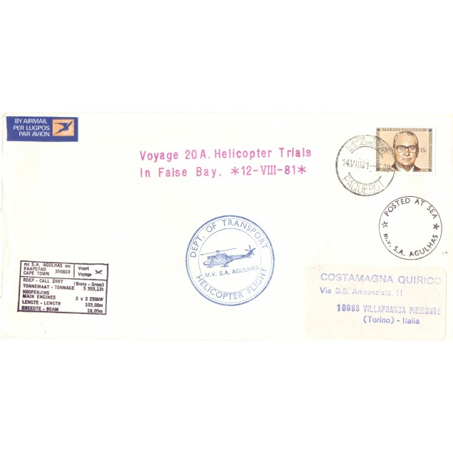 South Africa 1981 - Y & T n. 491 - Cover M.V. "S.A.Agulhas".  False Bay - Voyage 20 A
