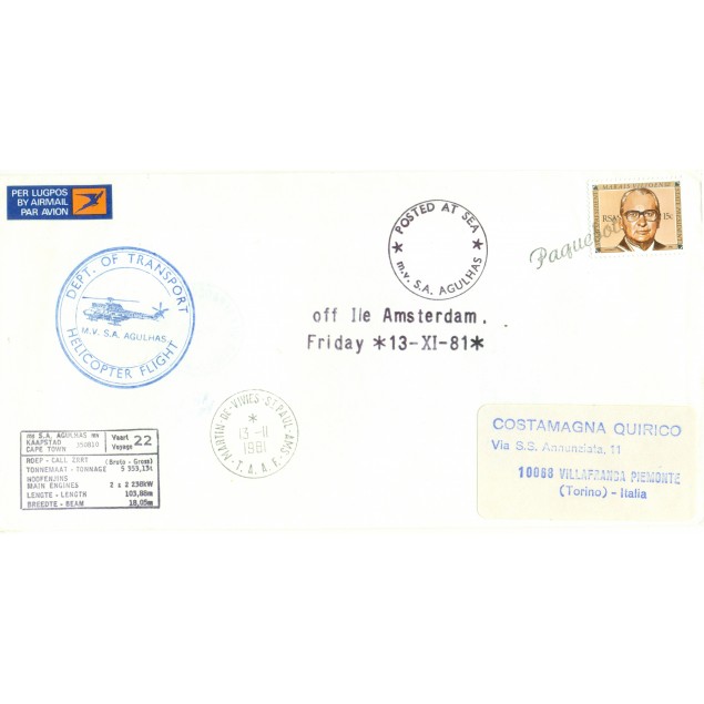 Afrique du Sud 1981 - Y & T n. 491 - Lettre M.V. "S.A. AGULHAS". Île Amsterdam - Voyage 22