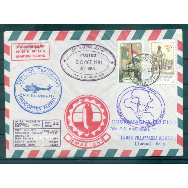 Afrique du Sud 1981 - Y & T n. 479-85 - Lettre M.V. "S.A. AGULHAS". Île Marion (Antarctique) - Voyage 22