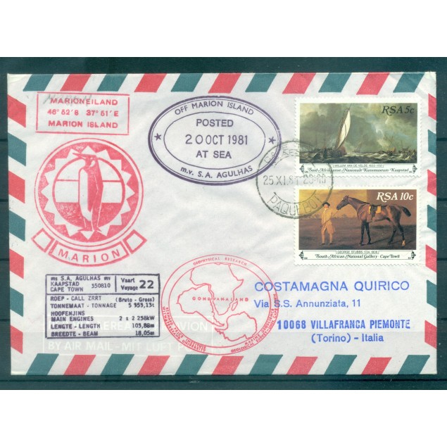 South Africa 1981 - Y & T n. 480/81 - Cover M.V. "S.A.Agulhas".  Marion Island (Antarctica) - Voyage 22